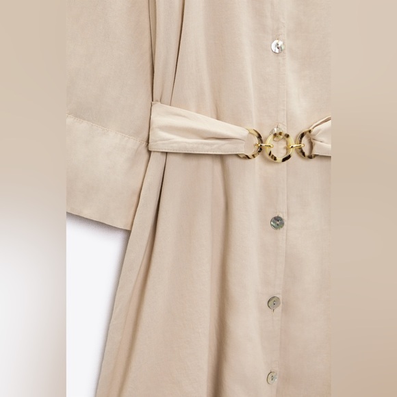 NWT Zara LINEN Blend CHAIN LINK Belt Shirt Dress Khaki/Beige Medium 3/4 Sleeves - Picture 5 of 9